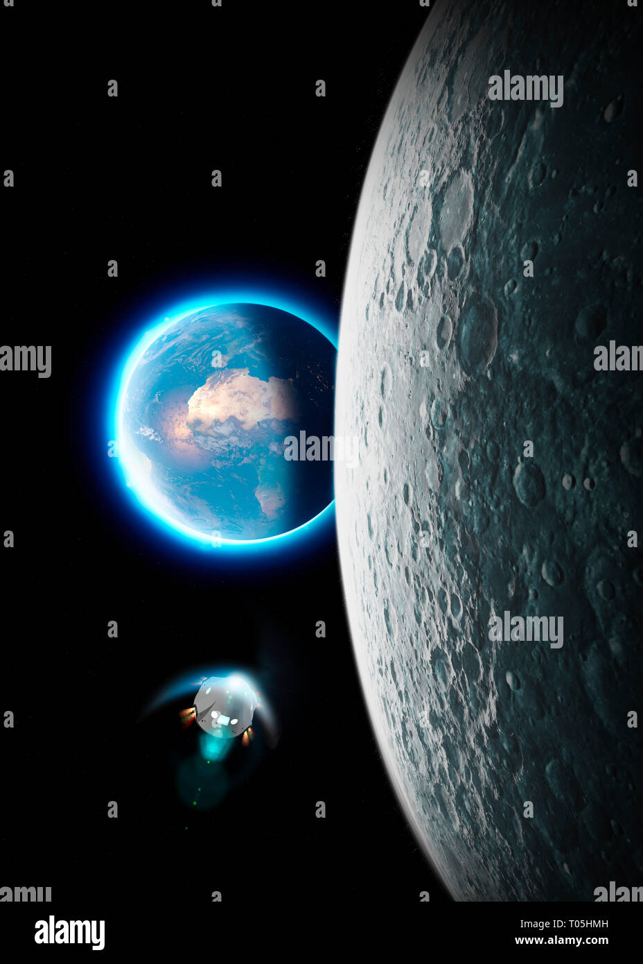Raumschiff in Space Exploration in Richtung Mond. Die Erde vom Mond aus gesehen. 50. Jahrestag der Mondlandung Stockfoto