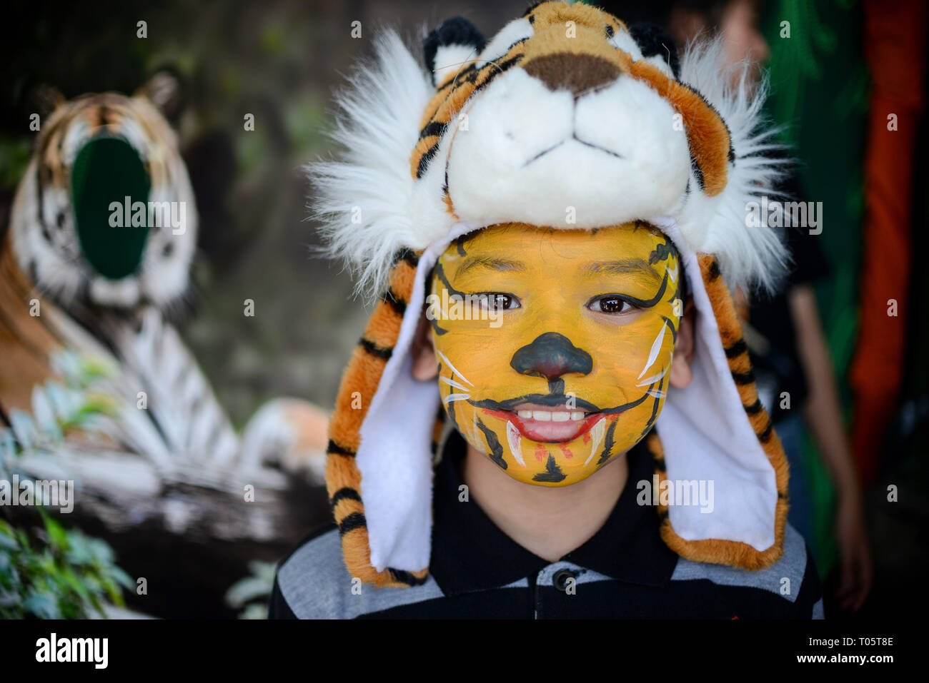 (190317) - KUALA LUMPUR, 17. März 2019 (Xinhua) - ein Junge mit einer Gesichtsbehandlung Gemälde von Tiger stellt für Foto während des Speichern Unsere malaiische Tiger Kampagne, als Teil der Ereignisse auf den Internationalen World Wildlife Tag, in Kuala Lumpur, Malaysia, März 17, 2019 Mark. Malaysias Regierung kündigte den Start einer Kampagne am Sonntag mehr Schutz für Tiger des Landes inmitten von einem alarmierenden Anstieg der Wilderei zur Verfügung zu stellen. Die malaiische Tiger, eine Unterart des Großen Katze lebt im Süden von Thailand und Malaysia, hatte gesehen, wie seine Zahlen schwinden zu schätzungsweise 250 in freier Wildbahn in Malaysia wegen Wilderei ein Stockfoto