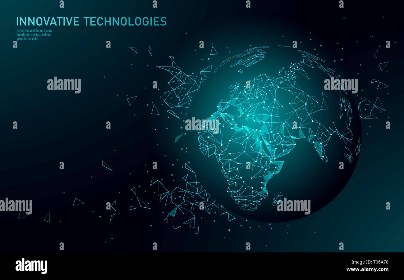 Low Poly Planet Erde Global Business Connection. Global Online Netzwerk Weltkarte Europa Afrika kontinent. Internationale Partnerschaft Kommunikation Stock Vektor