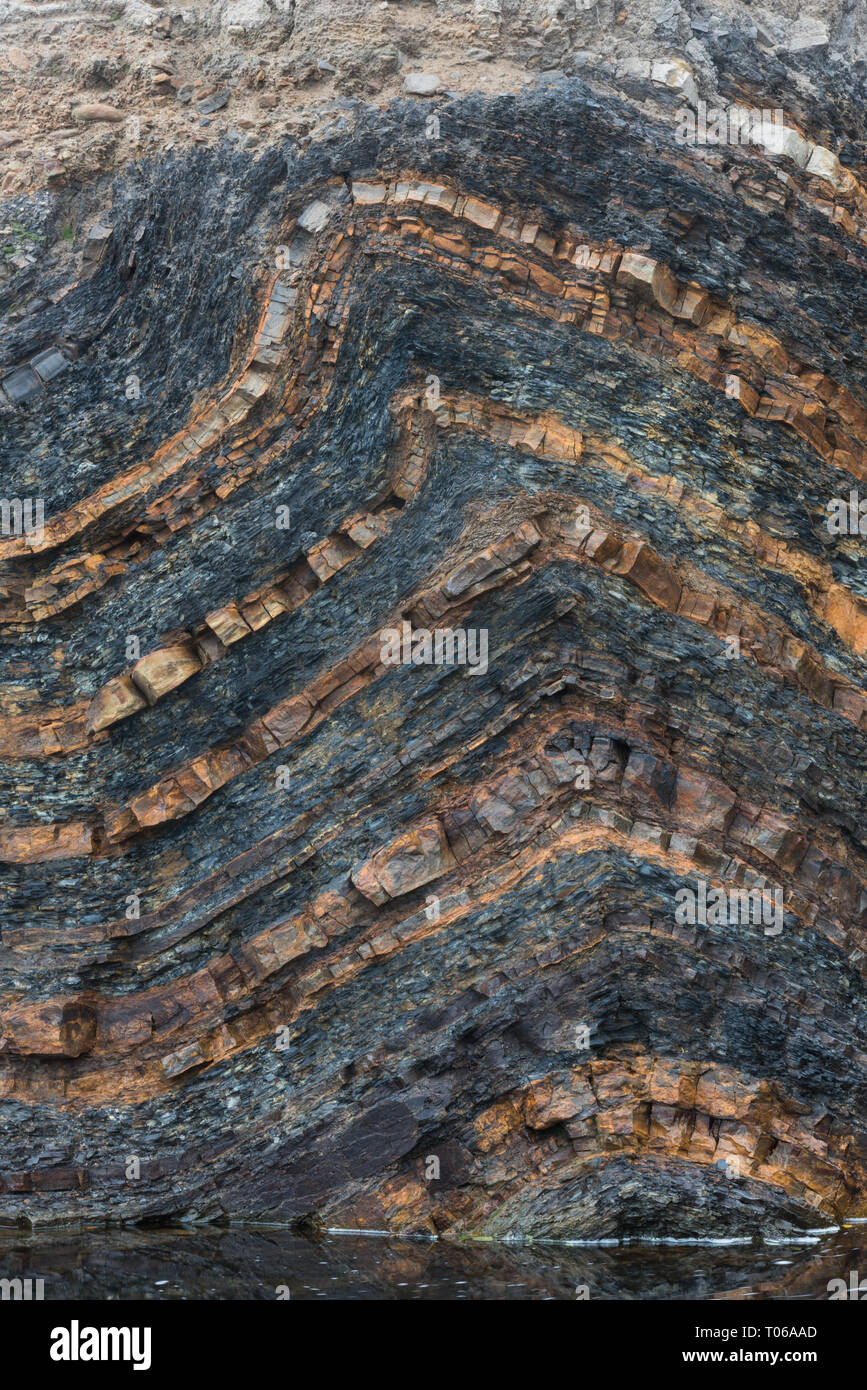 Gefalteten Gesteinsschichten durch Tal prall gefüllt, Peak District National Park, England Stockfoto