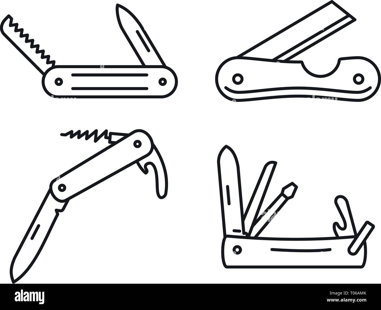 Multifunktions Taschenmesser Symbole gesetzt. Umrisse der Multifunktions Taschenmesser Vector Icons für Web Design auf weißem Hintergrund Stock Vektor