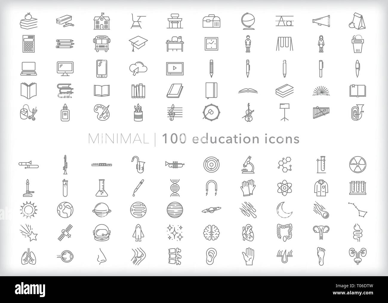 Satz von 100 Bildung Zeile für Symbole der Schule versorgt und Themen in der Schule zu erlernen Stock Vektor