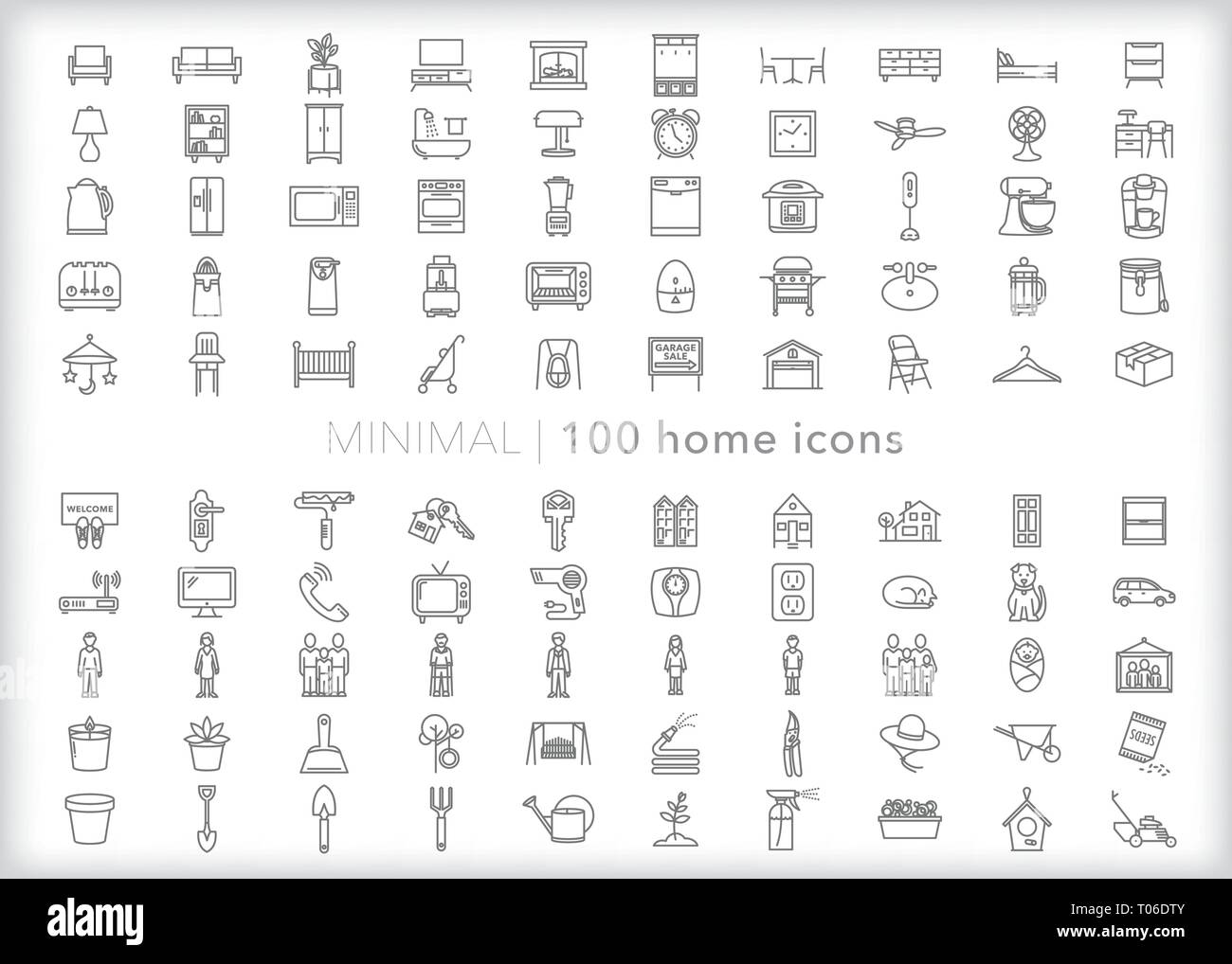 Satz von 100 home Zeile für Symbole, Möbel, Einrichtung, Familie, Objekte und Geräte für das Wohnzimmer, Schlafzimmer, Küche, Bad und Studie Stock Vektor