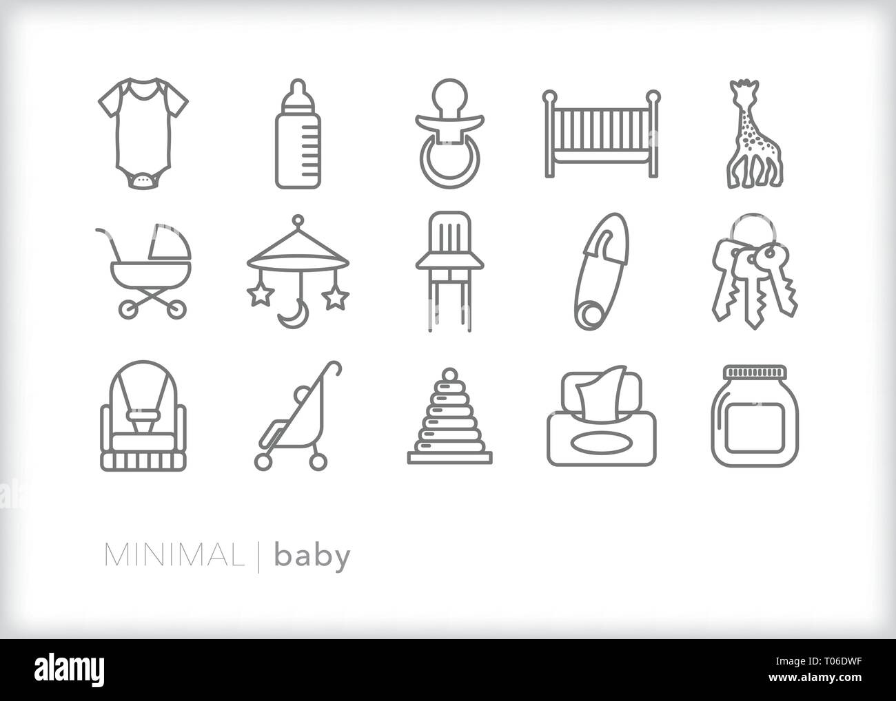 Satz von 15 baby Zeile für Symbole von Neugeborenen, Säuglingen und Kindern Artikel für Fütterung, Reinigung, Spielen und Sicherheit Stock Vektor