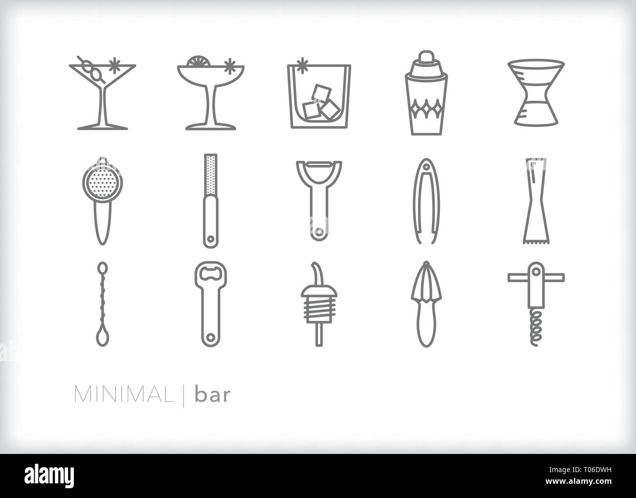 Satz von 15 Restaurant bar Positionen für ein Barkeeper, Cocktails oder Drinks mit Brille, Shaker und shot Glas Stock Vektor