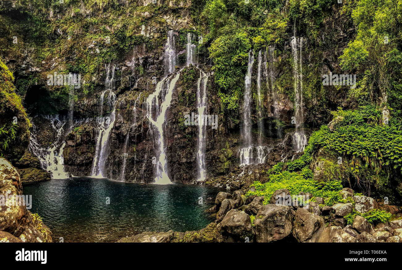 Blick auf den Wasserfall mit Dschungel auf Mauritius Stockfoto