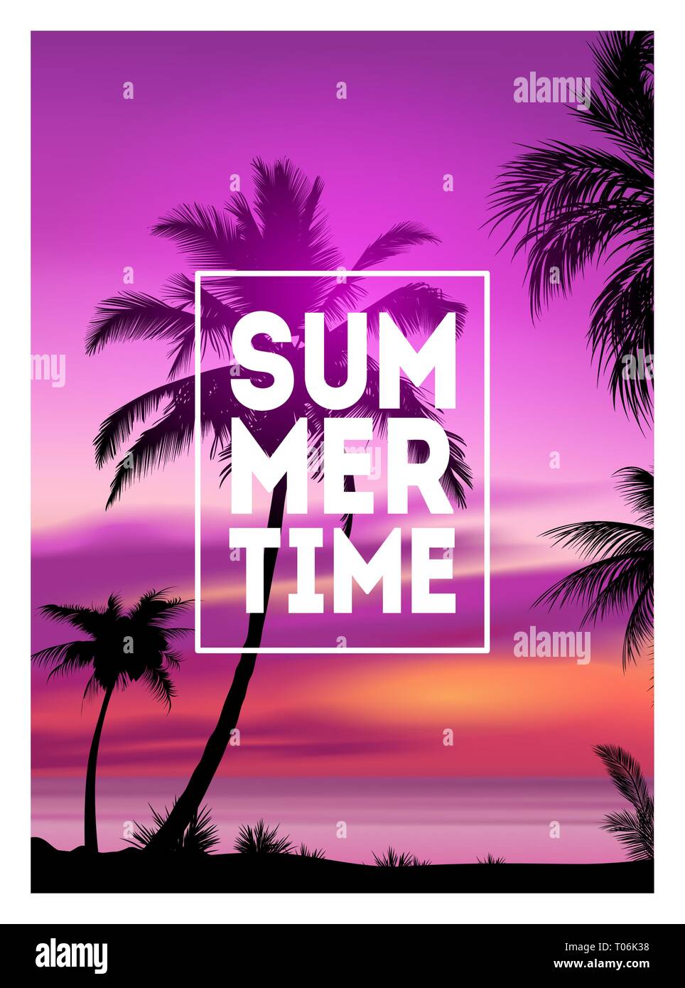 Sommer tropischen Hintergrund mit Palmen, Himmel und Sonnenuntergang. Sommer-Plakat Poster Flyer Einladungskarte. Im Sommer. Stock Vektor