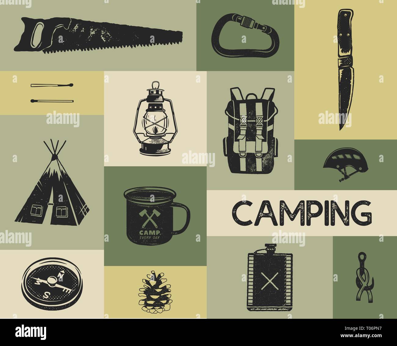 Camping Symbole in silhouette Retro Stil eingestellt. Monochrome reisen Symbole, wandern Formen mit Zelt, Säge, Kompass etc. Vektor Elemente Sammlung Stock Vektor