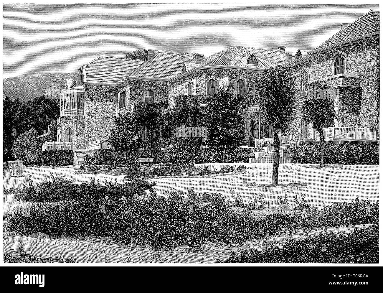 1897 Vintage Gravur Von Tatoi Palast Am Mount Parnitha Griechenland Der Sommerpalast Des Griechischen Konigsfamilie Stockfotografie Alamy