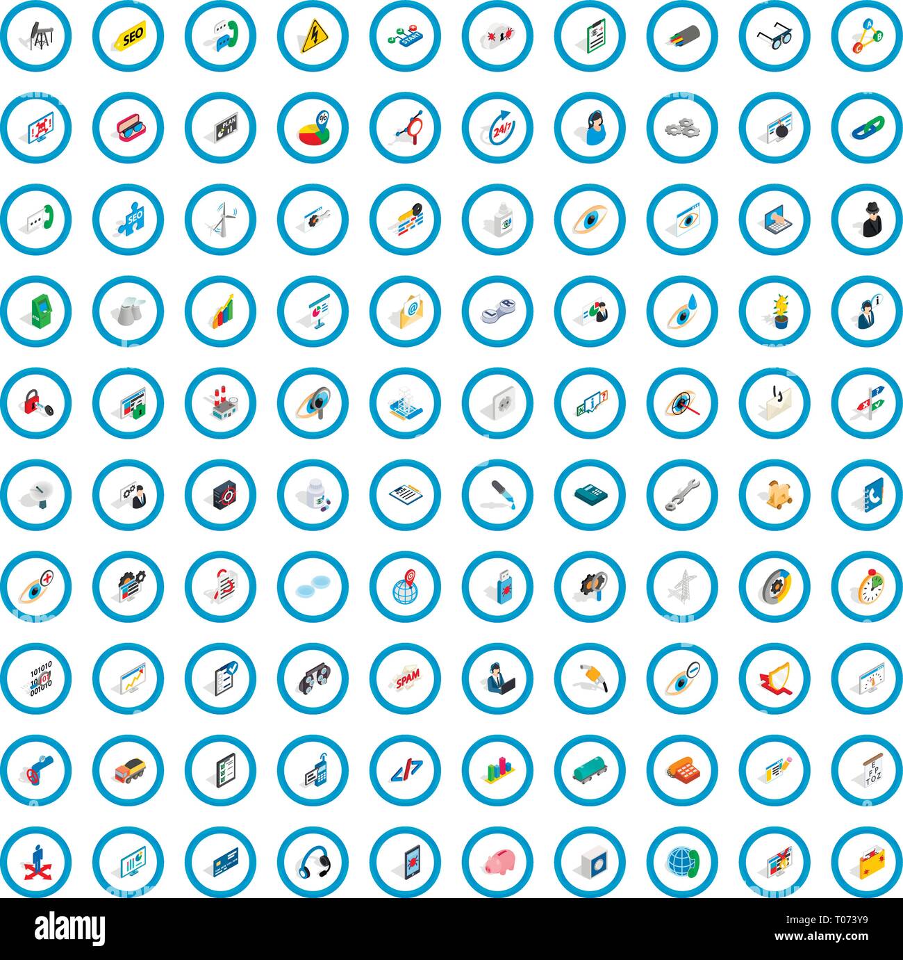 100 Hi-Tech Icons Set, isometrischen 3d Stil Stock Vektor