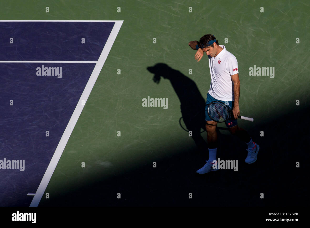 März 17, 2019: Roger Federer (SUI) in Aktion, wo er von Dominic Thiem (AUT) 6-3, 3-6, 7-5 im Finale der BNP Paribas Open in Indian Wells Tennis Garden im kalifornischen Indian Wells besiegt wurde. Â© Mal Taam/TennisClix/CSM Stockfoto