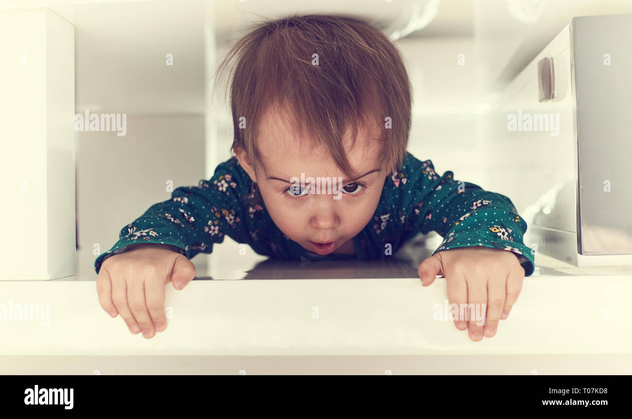 Cute kaukasische Baby girl Kriechen durch engen Raum unter dem Tisch in Richtung Kamera. Garbing Kante des Tisches und puling ihr Selbst heraus. Kopieren Sie Speicherplatz auf righ Stockfoto