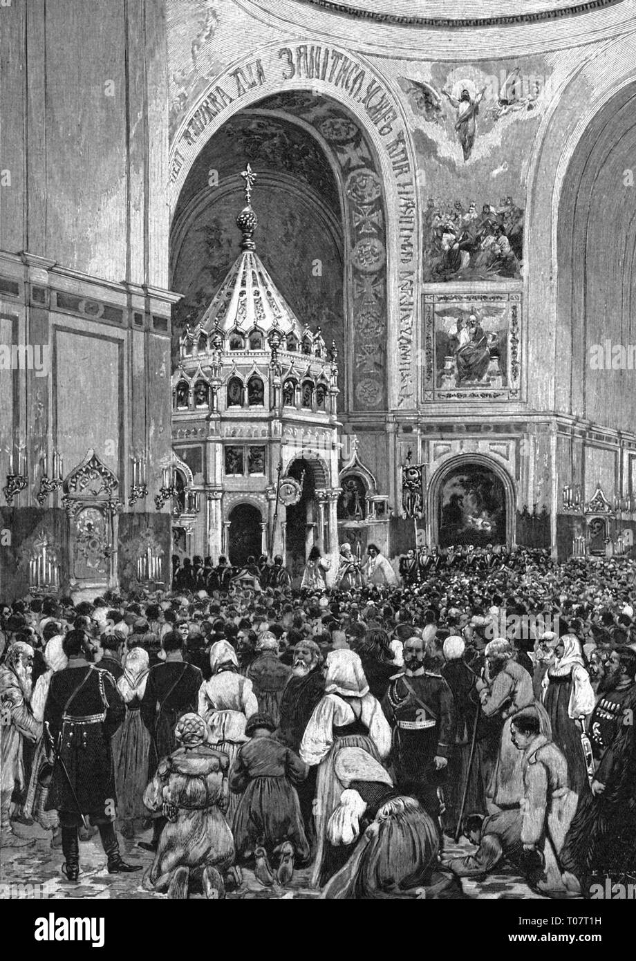 Religion, Christentum, Orthodoxen, Gottesdienst am Himmelfahrtstag, die Christ-Erlöser-Kathedrale, Moskau, holzstich von E.Limmer 1895, Additional-Rights - Clearance-Info - Not-Available Stockfoto