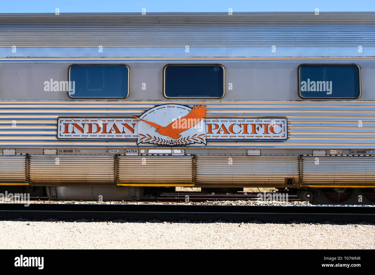 Detail von einem Trainer der Indian Pacific Zugverbindung zwischen Perth und Sydney, Australien, die von Great Southern Rail betrieben. Stockfoto