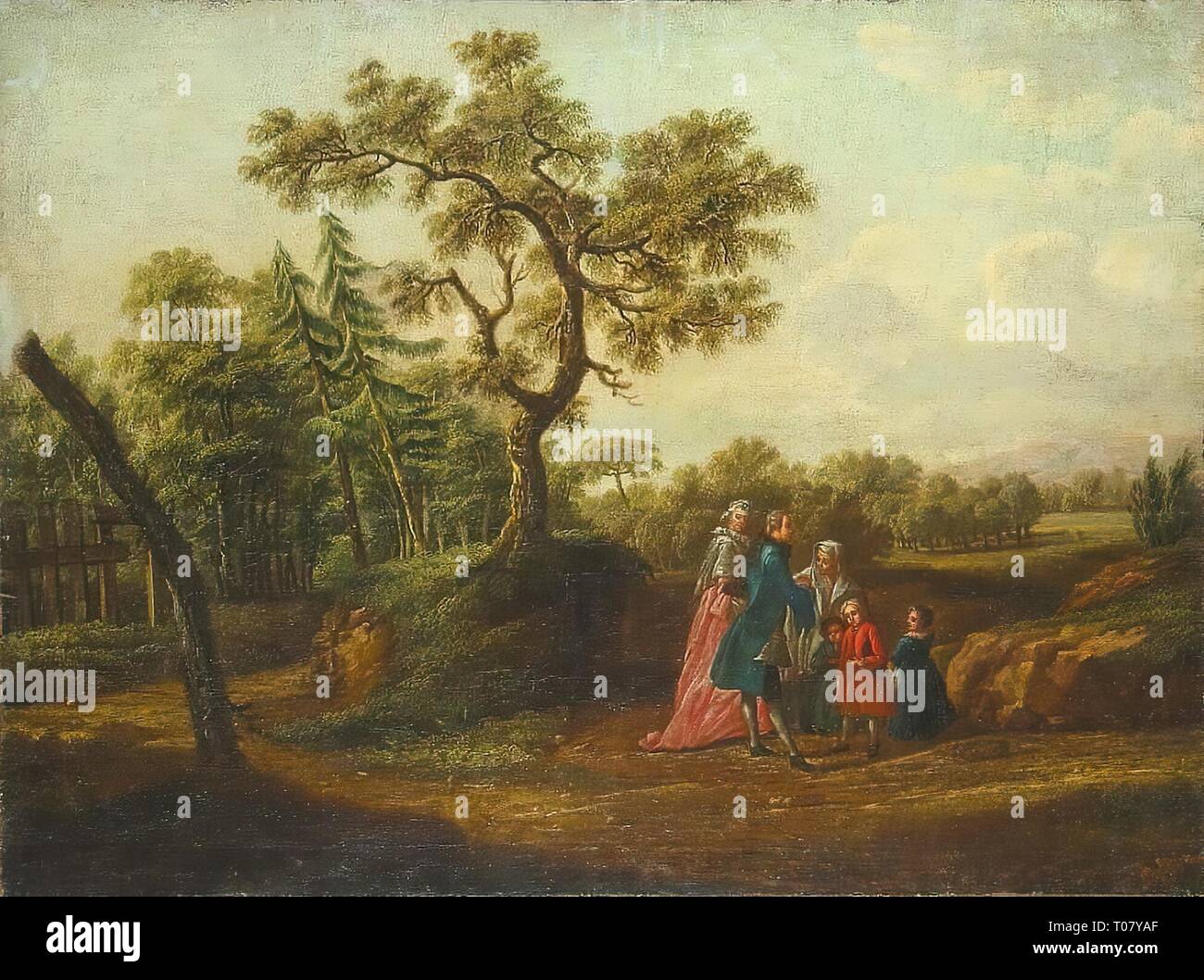"Spaziergang im Park". Deutschland, 18. Abmessungen: 75 x 101 cm. Museum: Staatliche Eremitage, St. Petersburg. Autor: Daniel Chodowiecki (zugeschrieben). Stockfoto