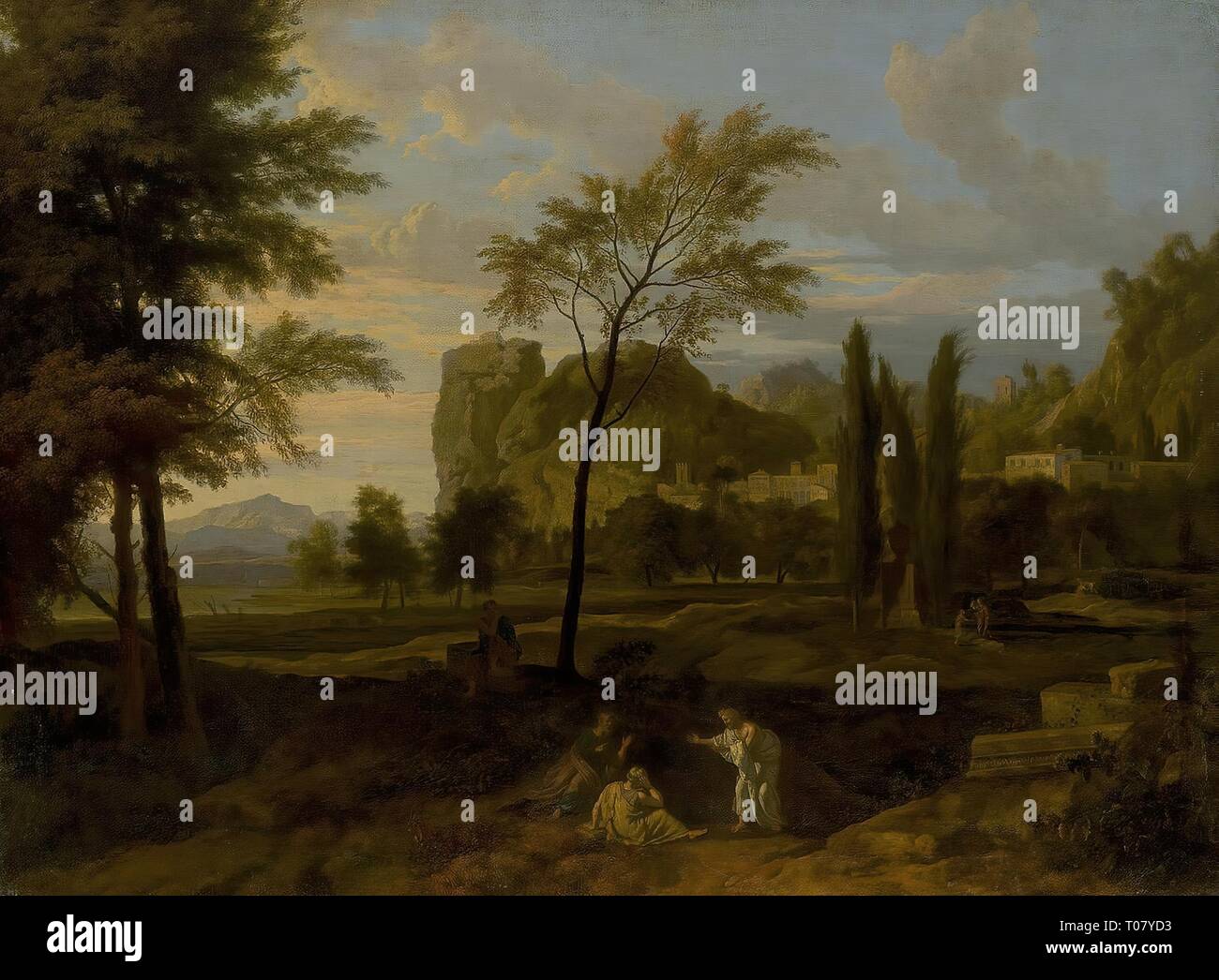 "Landschaft mit Figuren der antiken Philosophen". Holland. Abmessungen: 81,4 x 110 cm. Museum: Staatliche Eremitage, St. Petersburg. Autor: Johannes Glauber. Stockfoto