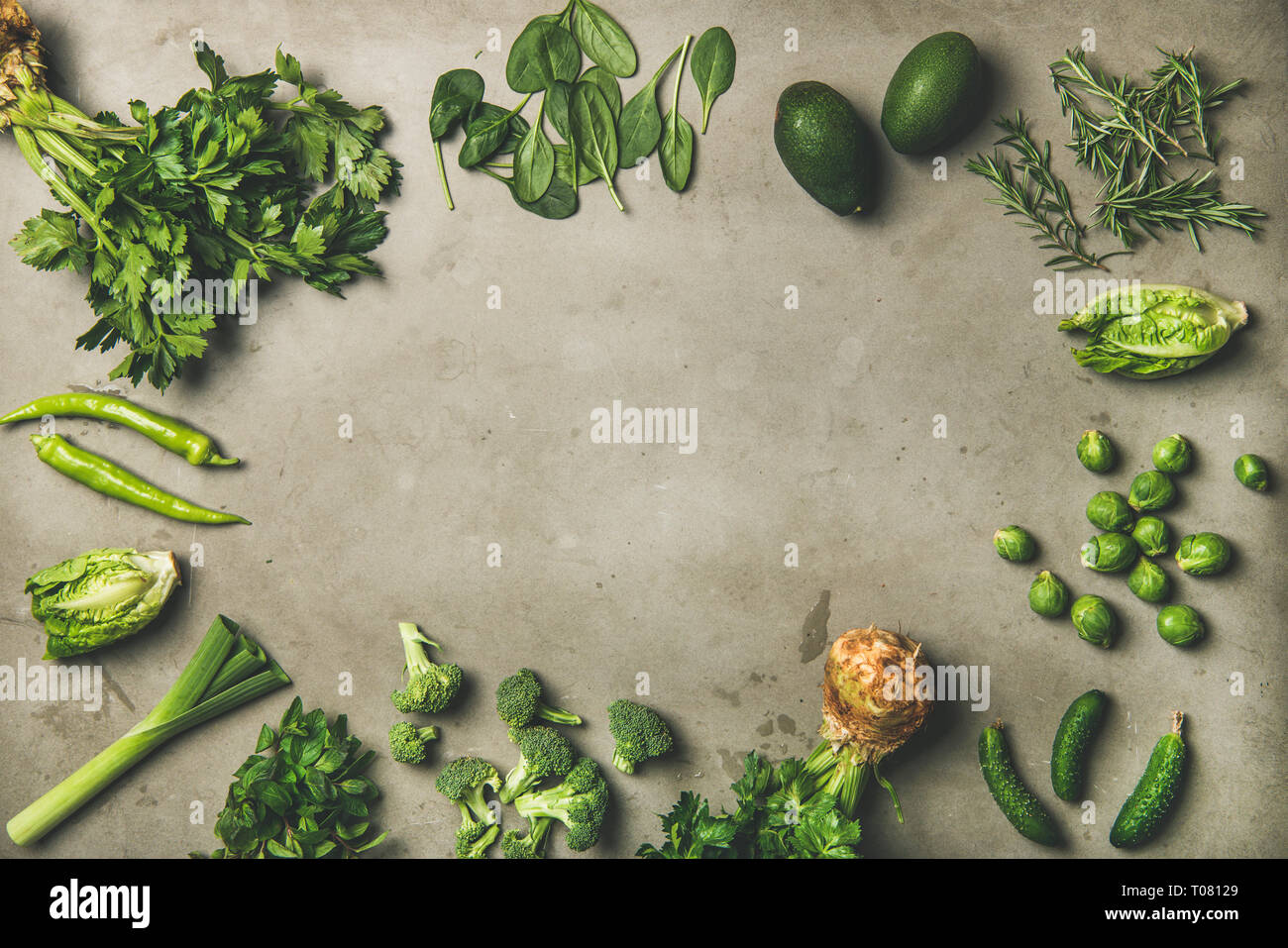 Gesund vegan Zutaten Layout über konkrete Tabelle Hintergrund Kopie Raum Stockfoto