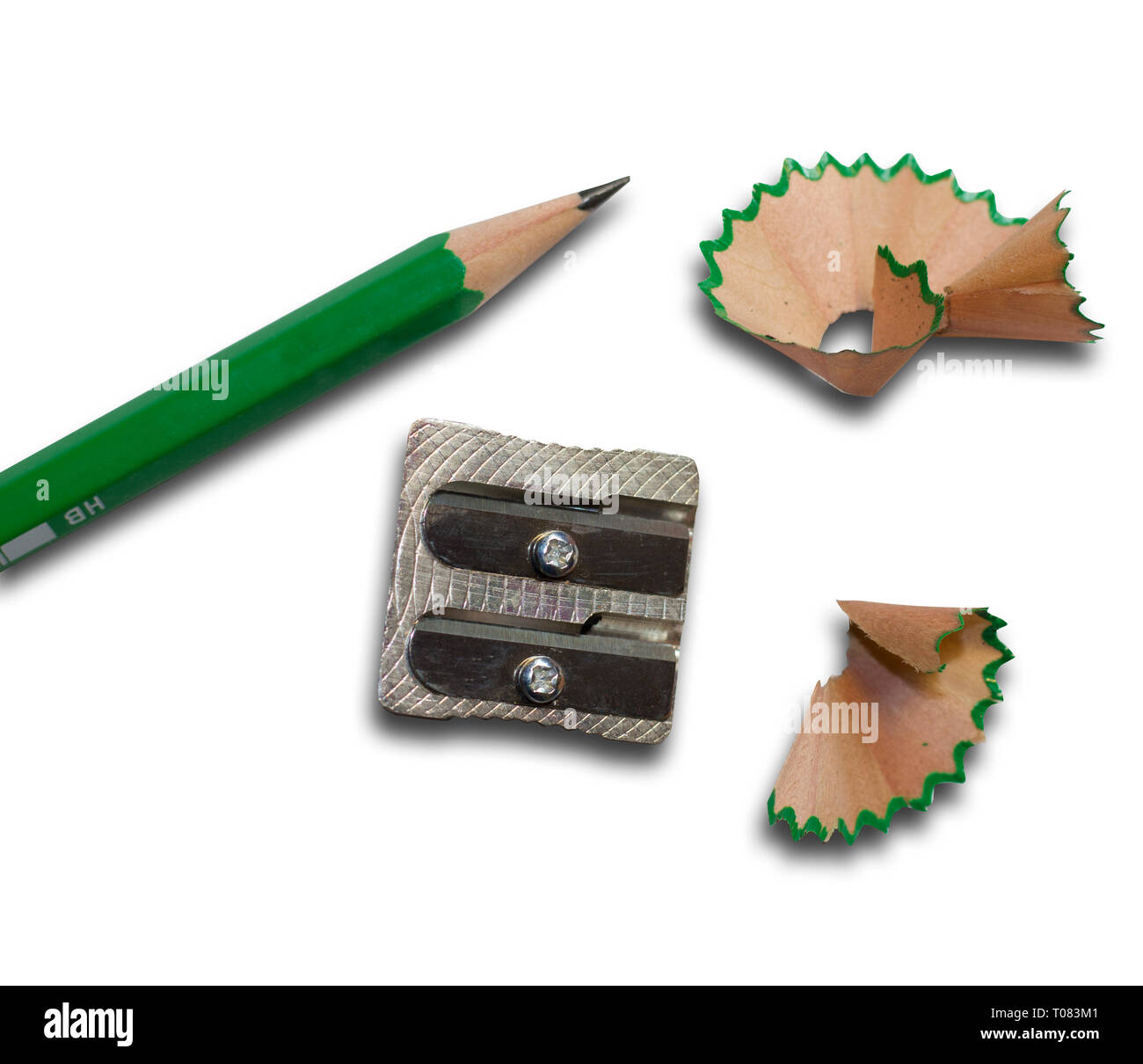 Bleistift und Spitzer mit Bleistift Späne Stockfoto