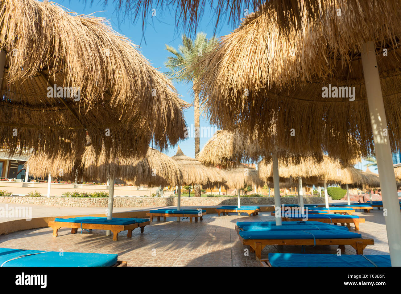 Liegestühle und Sonnenschirme auf Stroh Tropical Resort Stockfoto