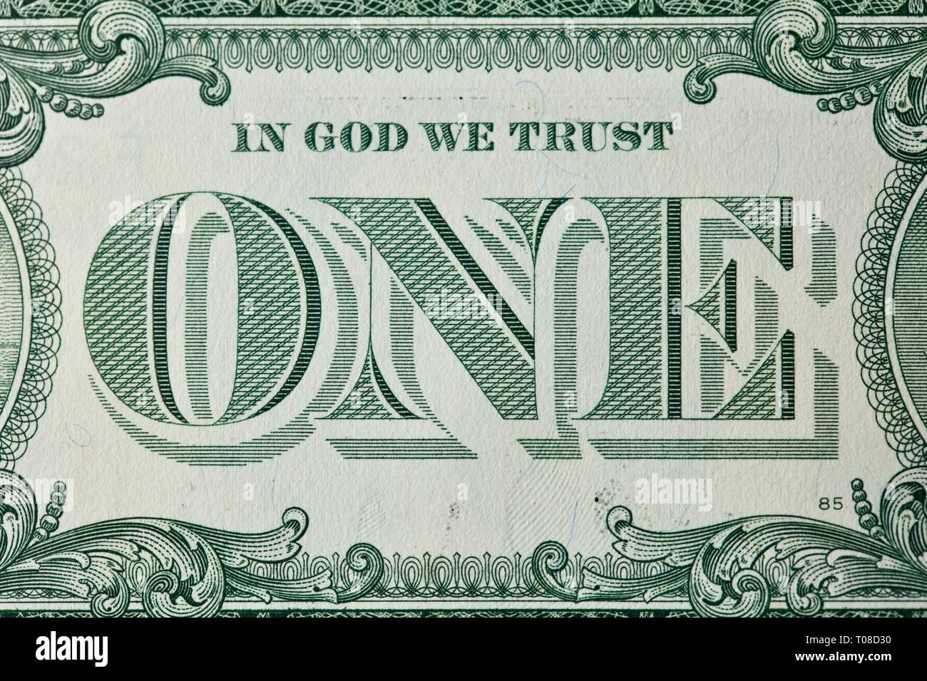 "IN GOD WE TRUST" auf der Rückseite der einer United States one-dollar Bill Stockfoto