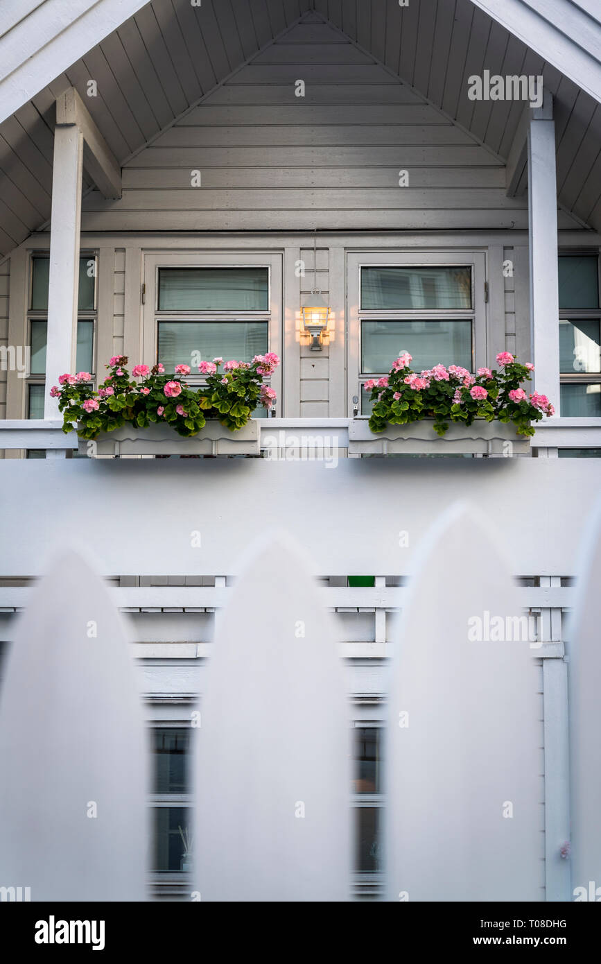 Haus mit rosa Blumen, Halbinsel Bygdoy, Oslo, Norwegen Stockfoto