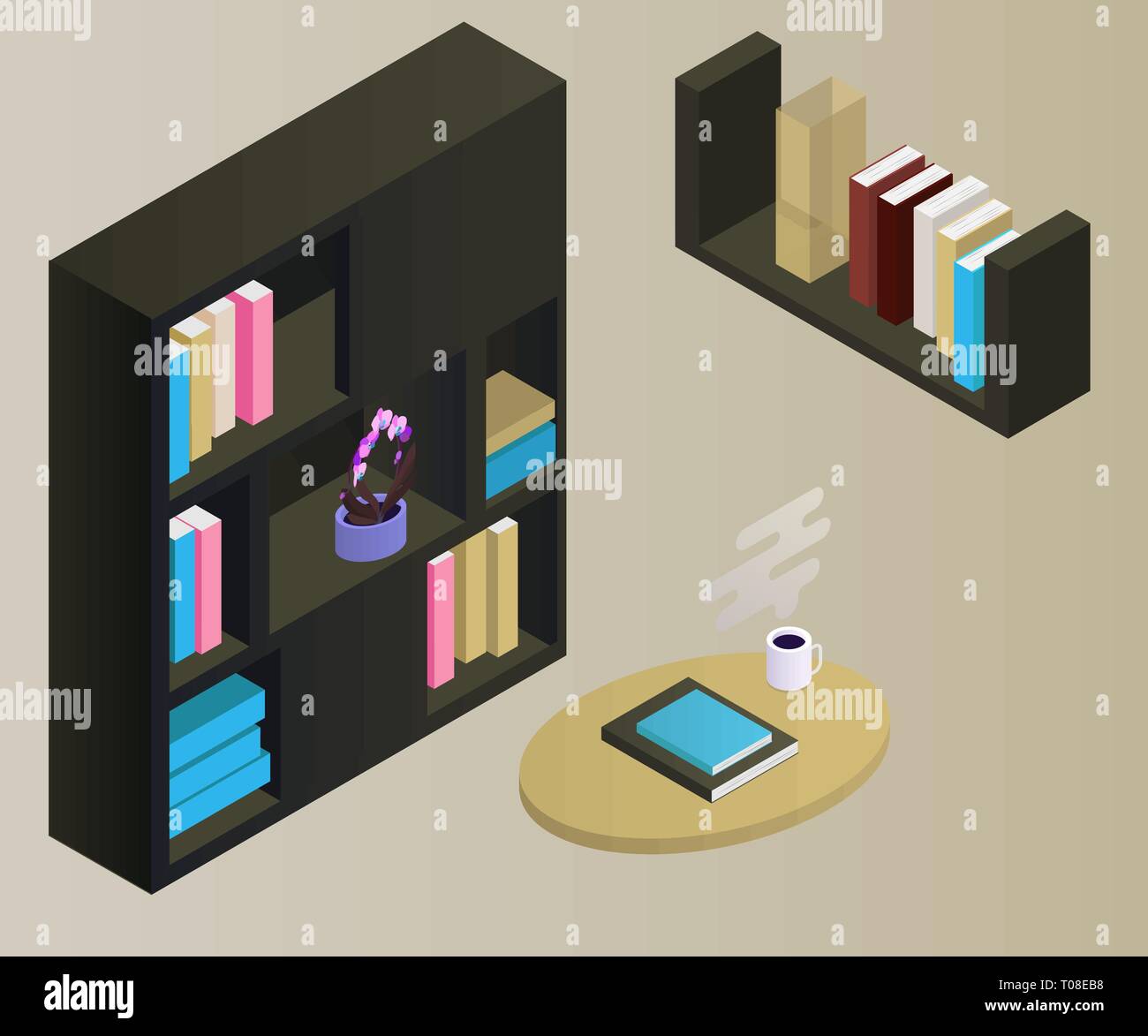 Isometrische Bücherregal auf Hintergrund isoliert. 3d-Regale mit Büchern gefüllt. Vector Illustration Stock Vektor