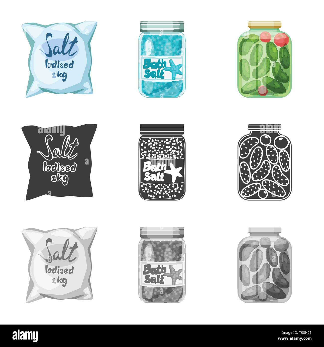 Beutel, Flasche, Bank, salzig, Gurken, Gewürze, Badewanne, Pulver, Wellness, weiß, Vintage, Körner, Streuen, sauber, Mehl, Container, сafe, Snack, Stoff, Glas, Kochen, Meer, Natur, Backen, Salz, Nahrungsmittel-, Natrium-, Mineral, Raw, Küche, Set, Vector, Icon, Illustration, isoliert, Sammlung, Design, Element, Grafik, Zeichen, Vektor, Vektoren, Stock Vektor