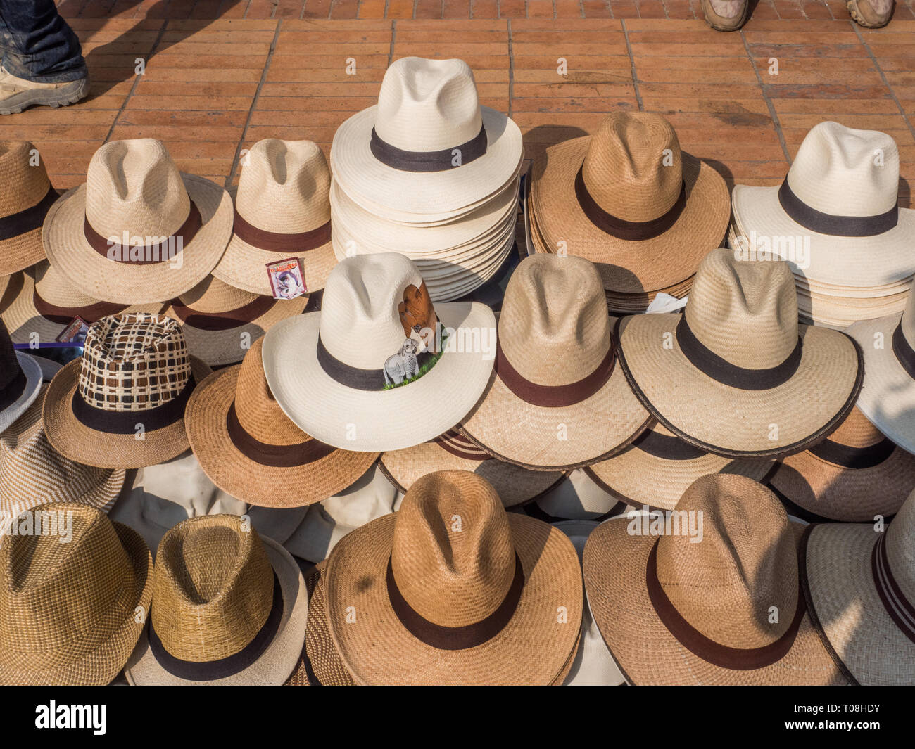 Eine Panama Hut, toquilla Strohhut, ist ein traditionelles Krempe Strohhut  der Ecuadorianischen Herkunft, verkauft auf der Straße von Bogota.  Kolumbien. Lateinamerika. UNE Stockfotografie - Alamy