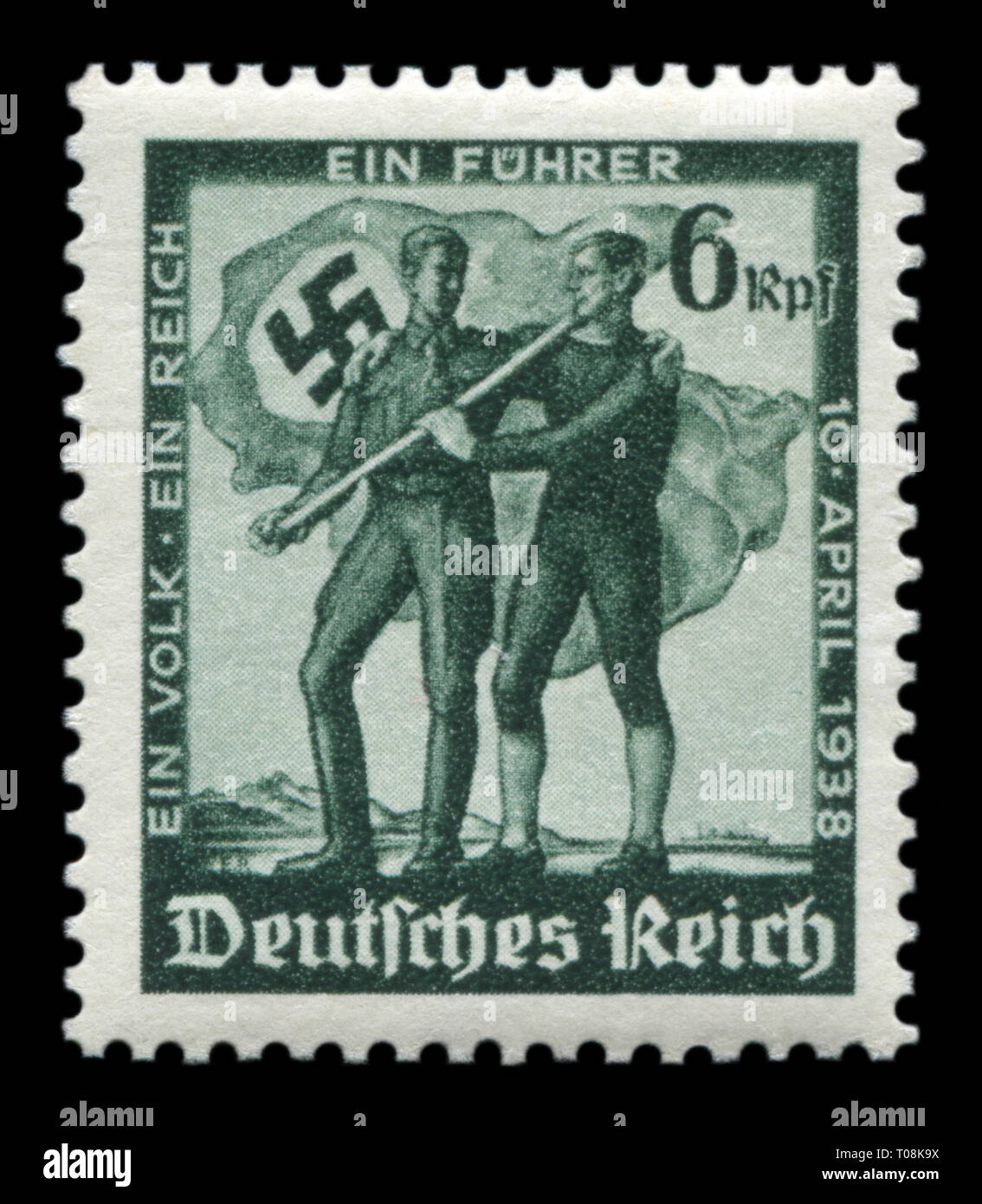 Deutsche historische Stempel: Deutsche und Österreichische Soldaten unter der Flagge. Volksabstimmung über die Annexion Österreichs, 13. März 1938, Deutschland, dritte Reic Stockfoto