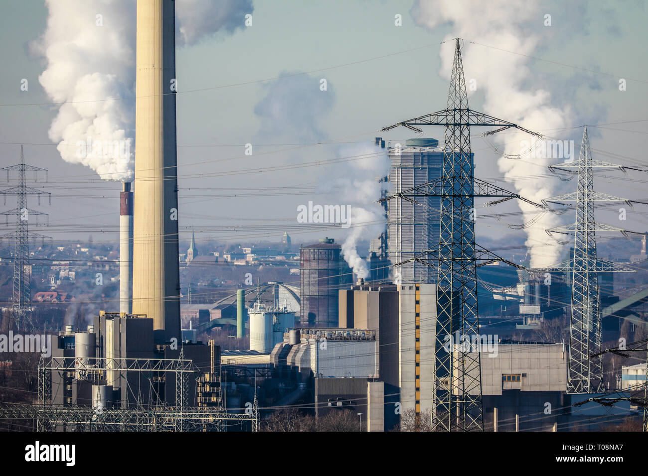 20.01.2019, Essen, Nordrhein-Westfalen, Deutschland - industrielle Landschaft im Ruhrgebiet, RWE Muellheizkraftwerk Essen Carnap auf der Linken, Gedeihen c Stockfoto