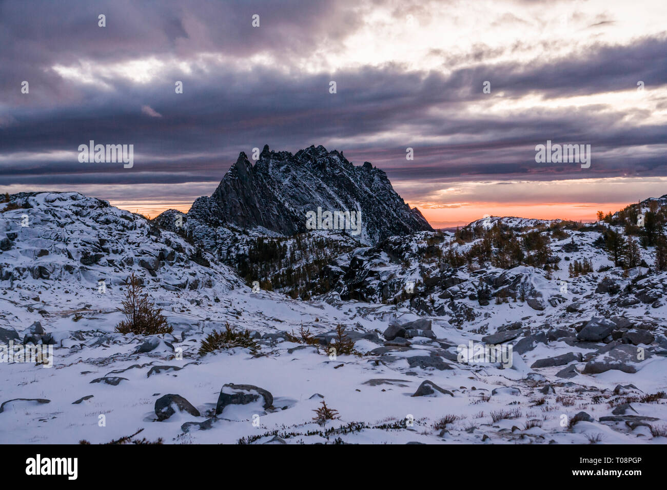 Sonnenaufgang über dem Prusik Peak, Verzauberung Seen Kaskaden Wilderness Area, Washington, USA. Stockfoto