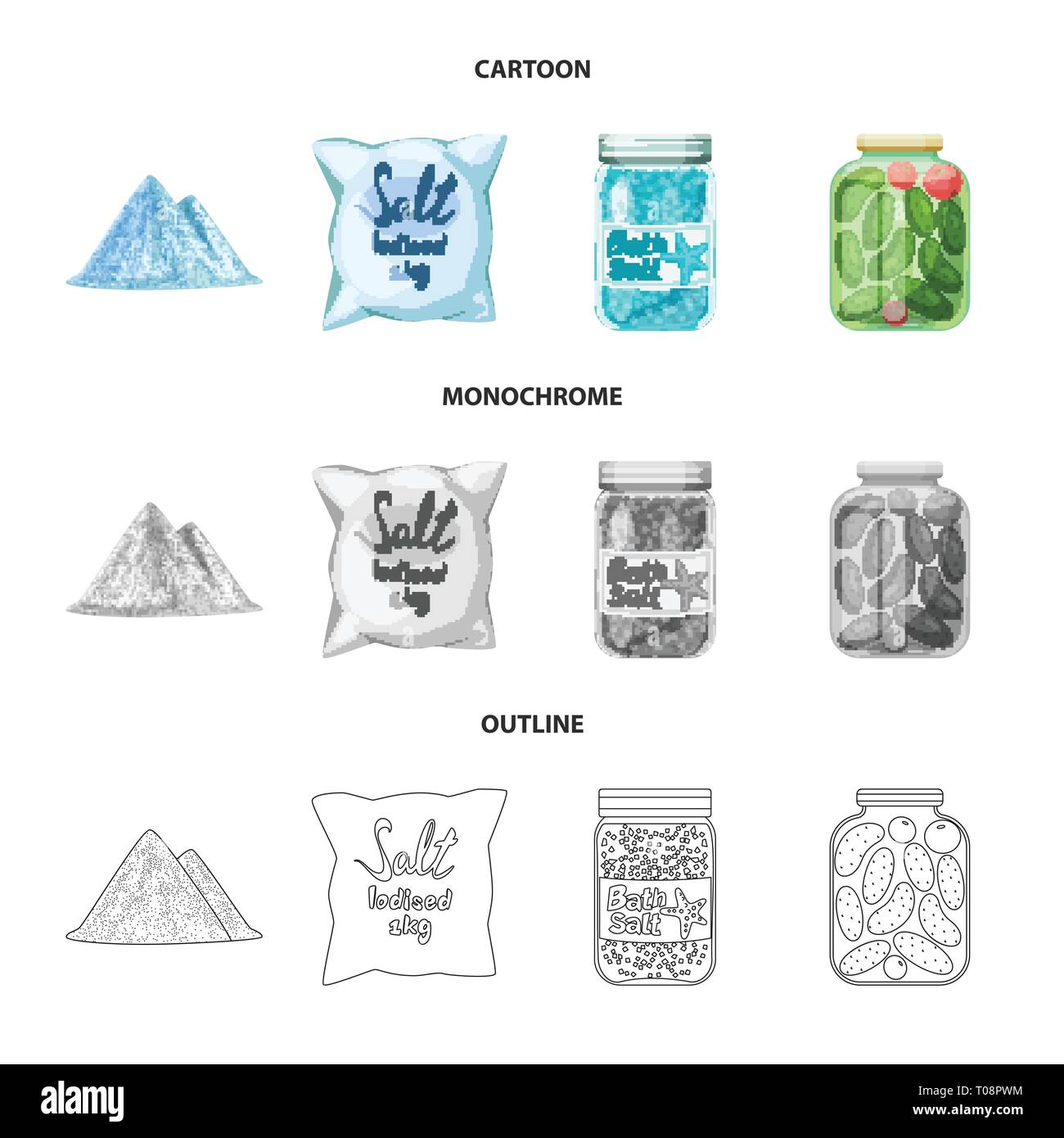 Haufen, Beutel, Flasche, Bank, salzig, Gurken, Hill, Gewürze, Badewanne, Pulver, Wellness, weiß, Vintage, Körner, Streuen, sauber, Mehl, Container, сafe, Berg, Snack, Stoff, Glas, Kochen, Meer, Natur, Backen, Salz, Nahrungsmittel-, Natrium-, Mineral, Raw, Küche, Set, Vector, Icon, Illustration, isoliert, Sammlung, Design, Element, Grafik, Zeichen, Vektor, Vektoren, Stock Vektor