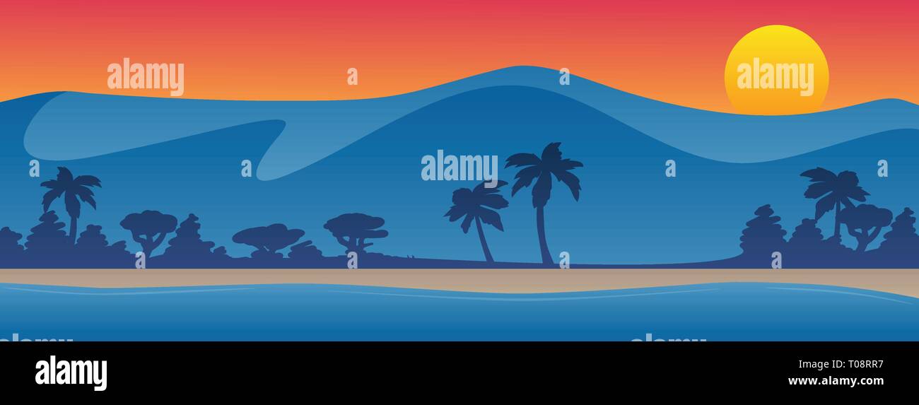 Berge mit Strand Küste Sommer Szene Hintergrund Vector Illustration Stock Vektor