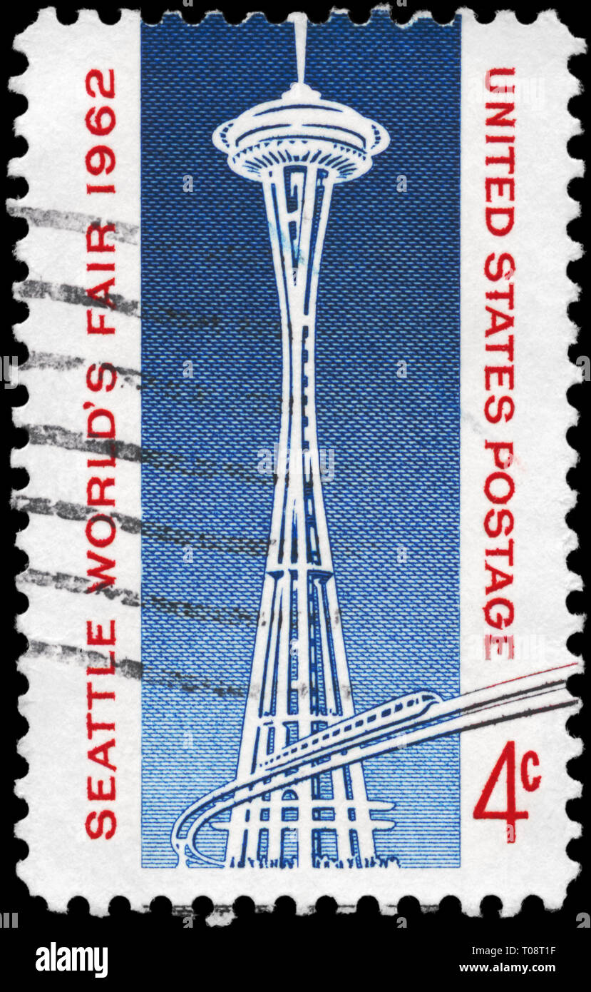 USA - ca. 1962: einen Stempel in den USA gedruckten zeigt Space Needle und Seattle Monorail, Messe der Welt, ca. 1962 Stockfoto