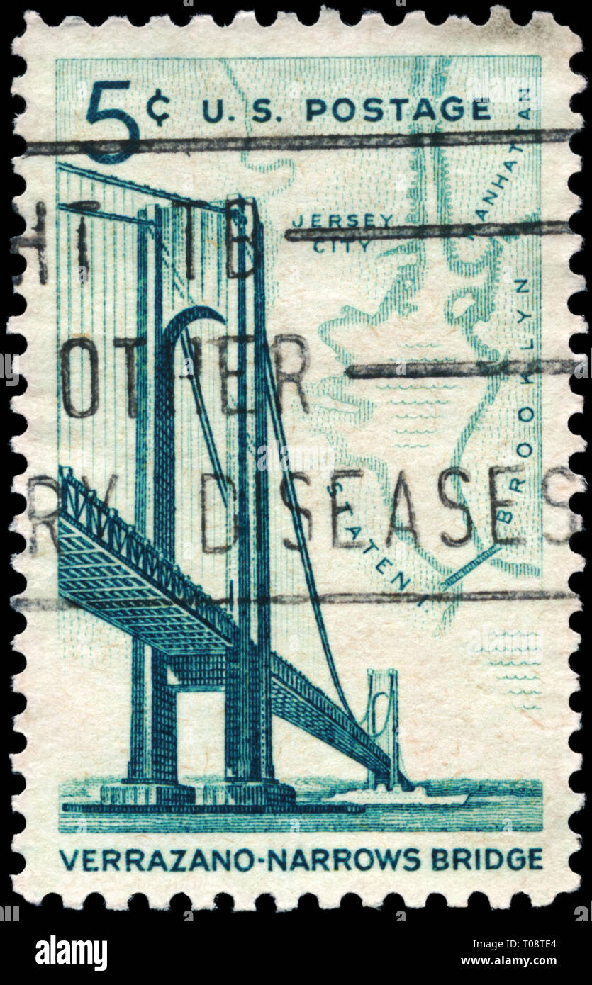 USA - ca. 1964: einen Stempel in den USA gedruckten zeigt Verrazano-Narrows Brücke und Karte von NEW YORK Bay, ca. 1964 Stockfoto