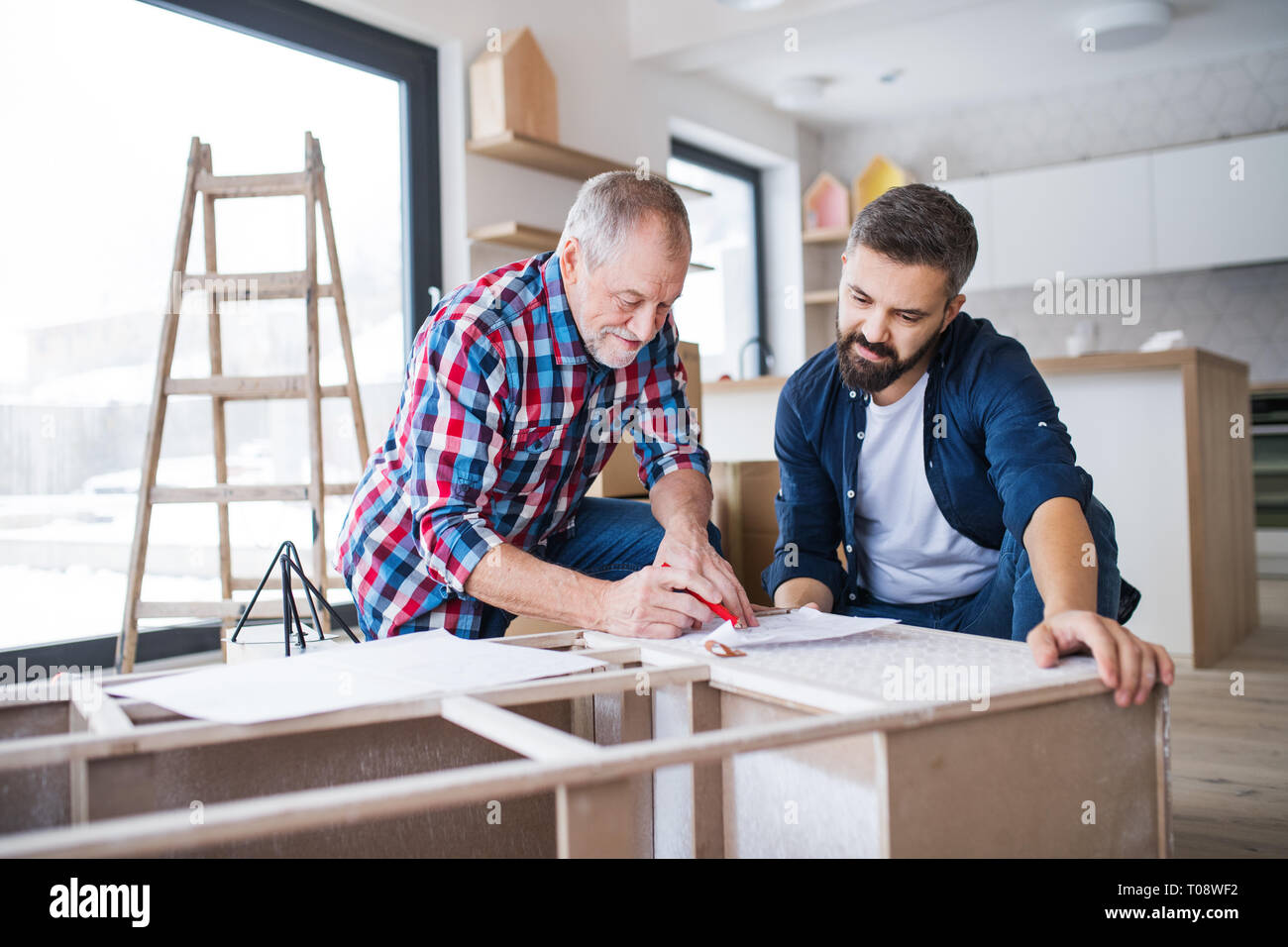 Ein reifer Mann mit seinem älteren Vater Zusammenbau von Möbeln, ein neues Zuhause. Stockfoto