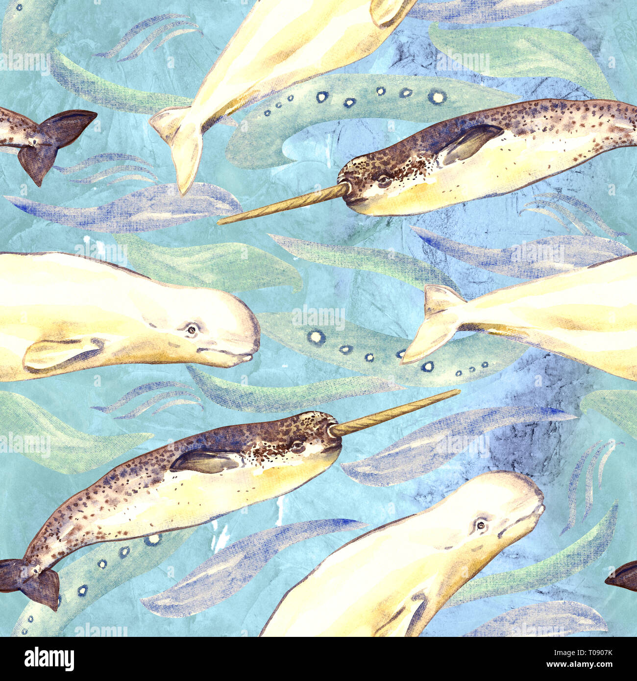 Narwhal und Beluga, Handgemalten Aquarell Illustration, nahtlose Muster auf Blau, Grün ocean Oberfläche mit Wellen Hintergrund Stockfoto