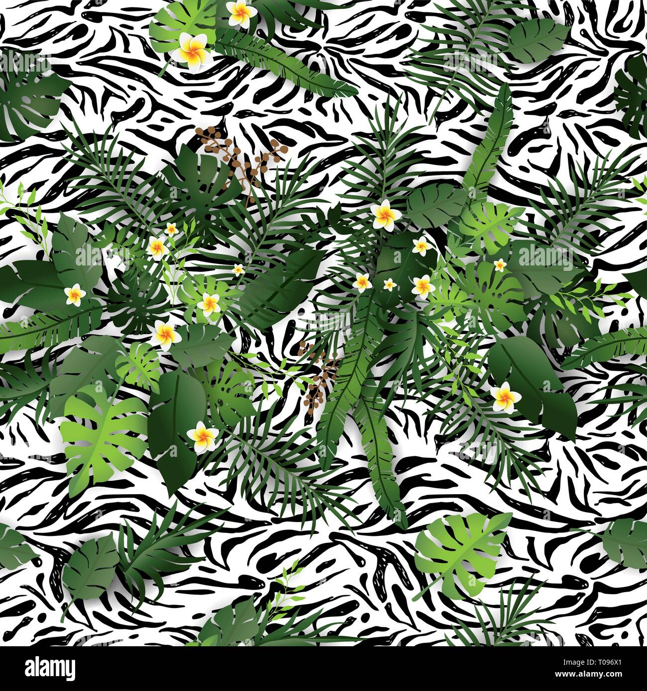 Nahtlose Muster exotische Floral Background. Tropische Blumen und Blätter auf die tierische Haut Kulisse. Grün und Zebra-druck nahtloses Design Stock Vektor