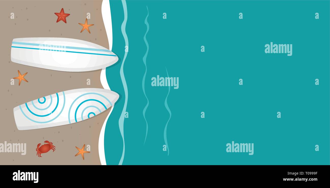 Zwei surfbretter am Strand mit Seestern Sommerurlaub Design mit Kopie Raumzeiger Abbildung: EPS 10. Stock Vektor