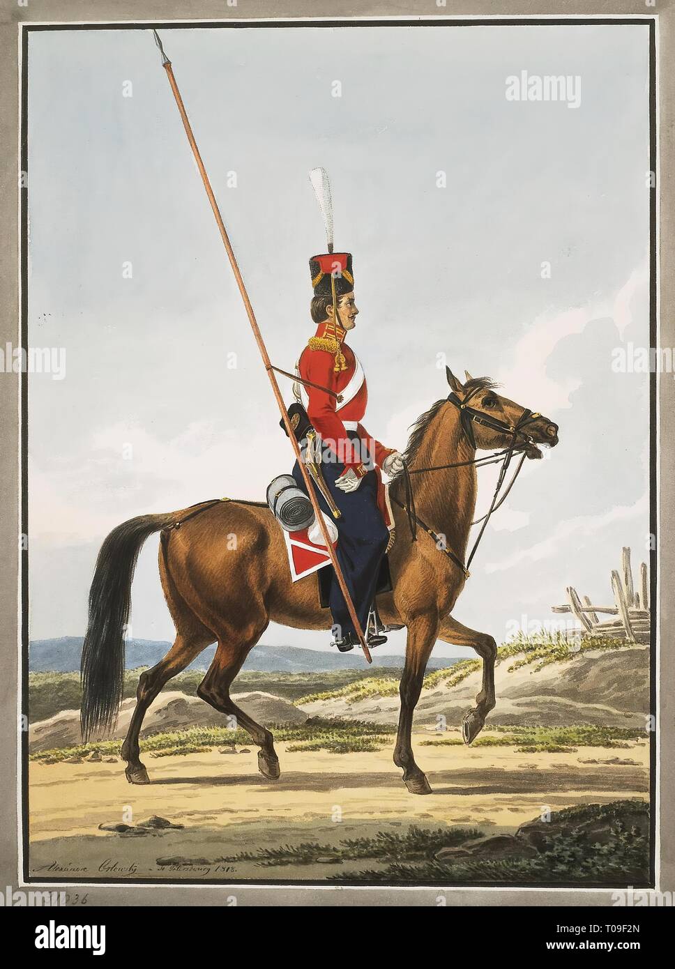 Die Oldier der Life-Guards Kosak Regiment". Serie "Arten von Rüstung und Uniform der Russischen Armee". Russland, im ersten Quartal des 19. Jahrhunderts. Abmessungen: 51,4 x 39,4 cm. Museum: Staatliche Eremitage, St. Petersburg. Autor: Aleksander Orlowsky. Stockfoto