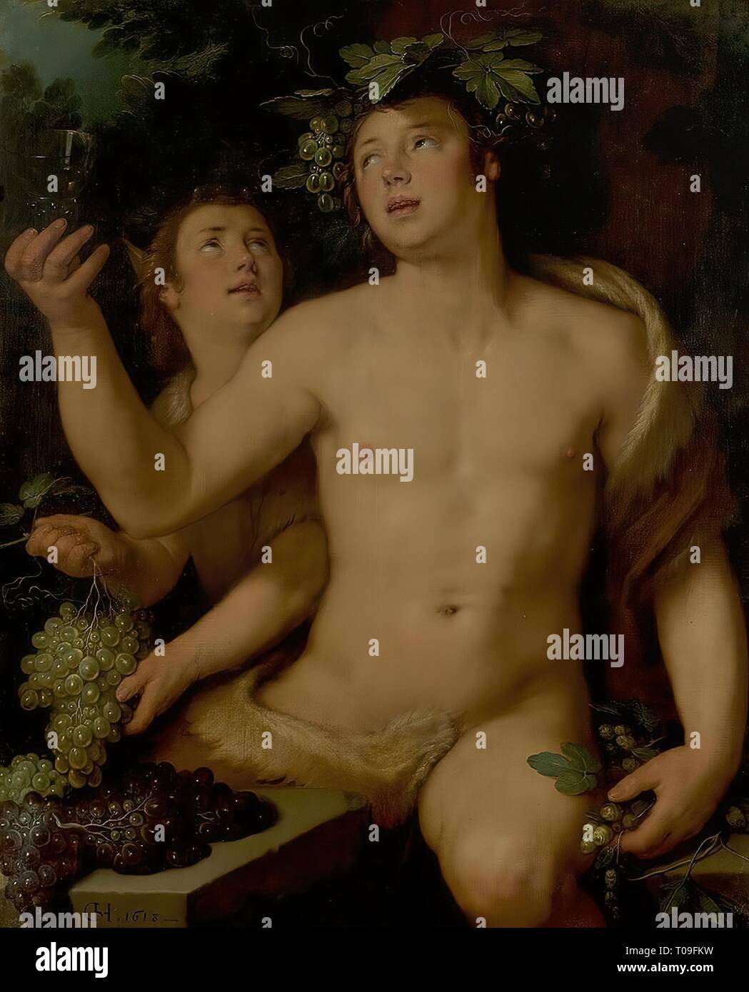 "Bacchus und Satyr'. Holland, 1618. Abmessungen: 110 x 88,5 cm. Museum: Staatliche Eremitage, St. Petersburg. Autor: CORNELIS CORNELISZ. VAN HAARLEM. Stockfoto