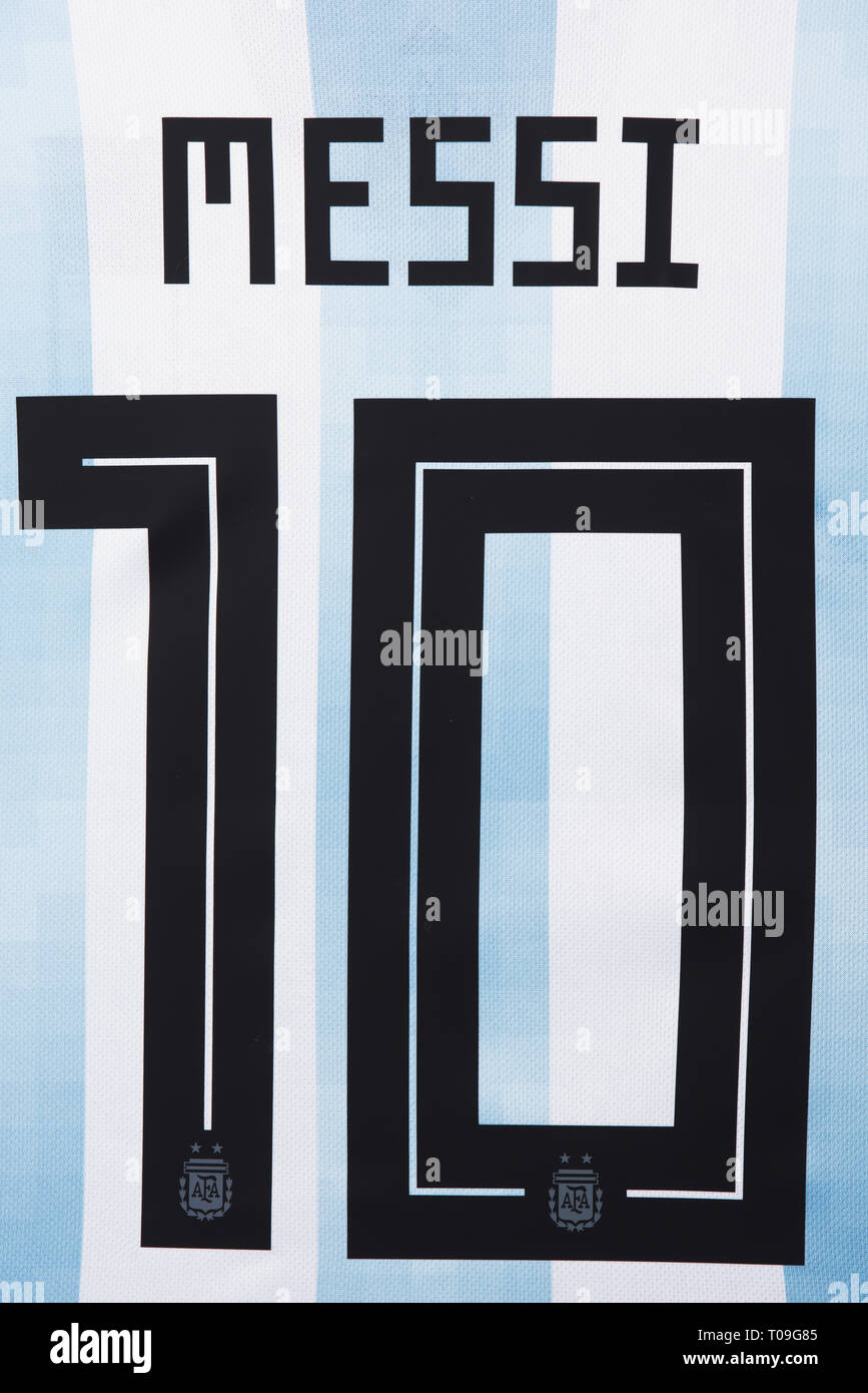 Nahaufnahme von Lionel Messi Argentinien National Football Team Jersey. Stockfoto