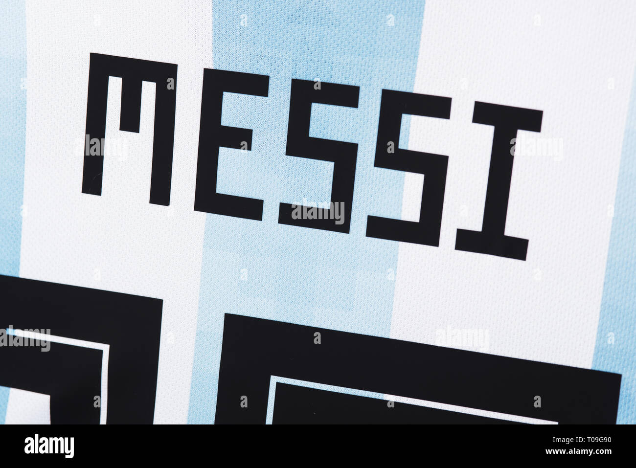 Nahaufnahme von Lionel Messi Argentinien National Football Team Jersey. Stockfoto