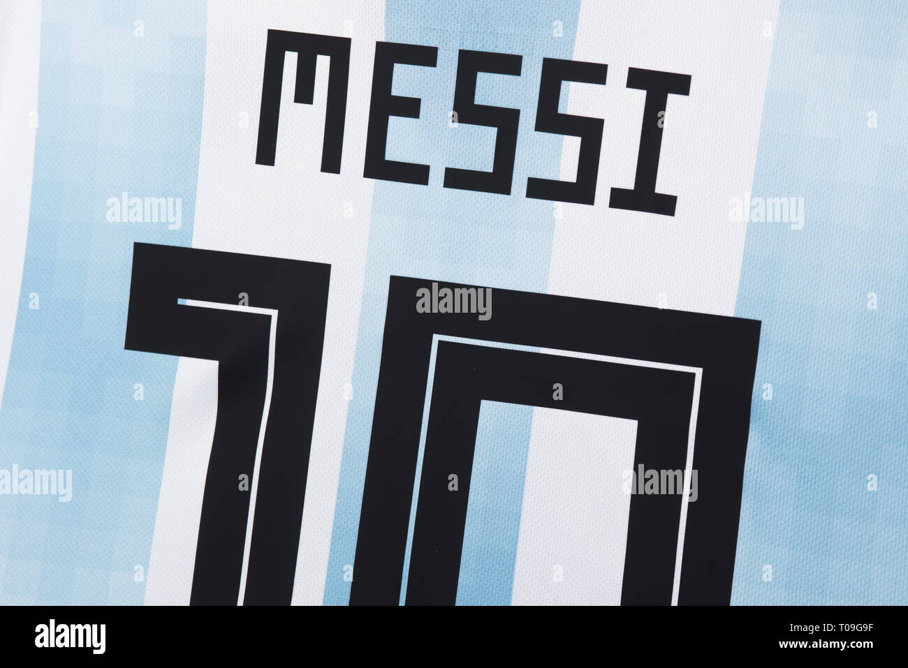 Nahaufnahme von Lionel Messi Argentinien National Football Team Jersey. Stockfoto