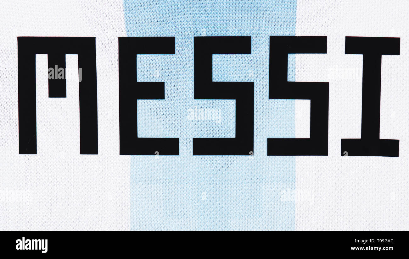 Nahaufnahme von Lionel Messi Argentinien National Football Team Jersey. Stockfoto