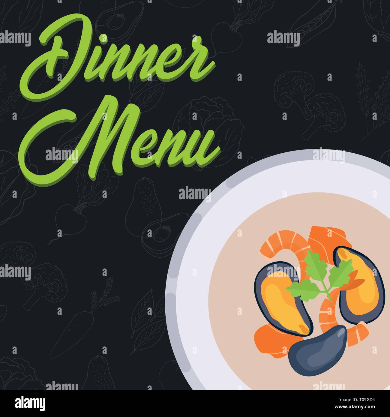 Menü Konzept. Speisekarte zum Abendessen. Suppe im flachen Stil. Vector Illustration. Stock Vektor