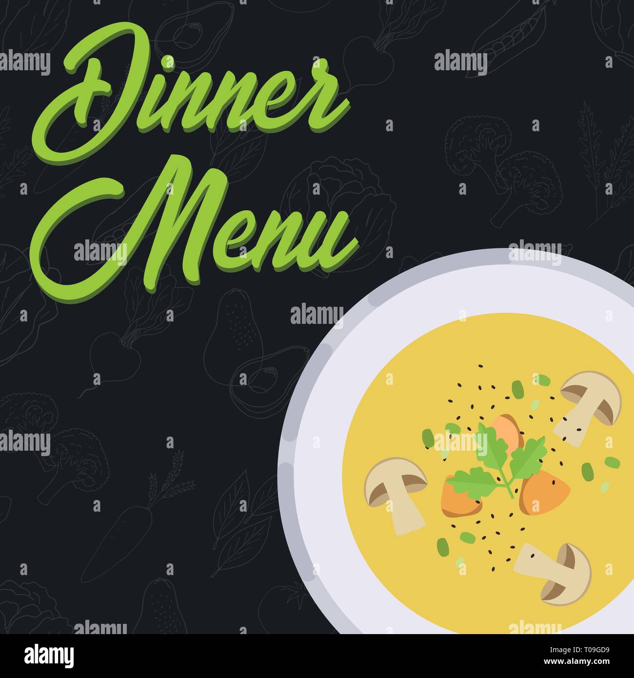 Menü Konzept. Speisekarte zum Abendessen. Suppe im flachen Stil. Vector Illustration. Stock Vektor