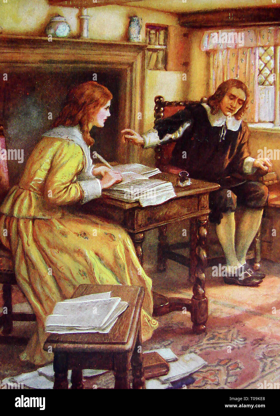 Der blinde Britische Dichter John Milton (1608 - 1674), der ein Teil seines epischen Gedichts "Paradise Lost" über seine Tochter in seine Hütte. Das Gedicht zeigt die biblische Geschichte vom Sündenfall des Menschen: die Versuchung von Adam und Eva und der gefallene Engel Satan einschließlich der Paare, die Vertreibung aus dem Garten Eden. Milton wurde total blind 1652 Stockfoto