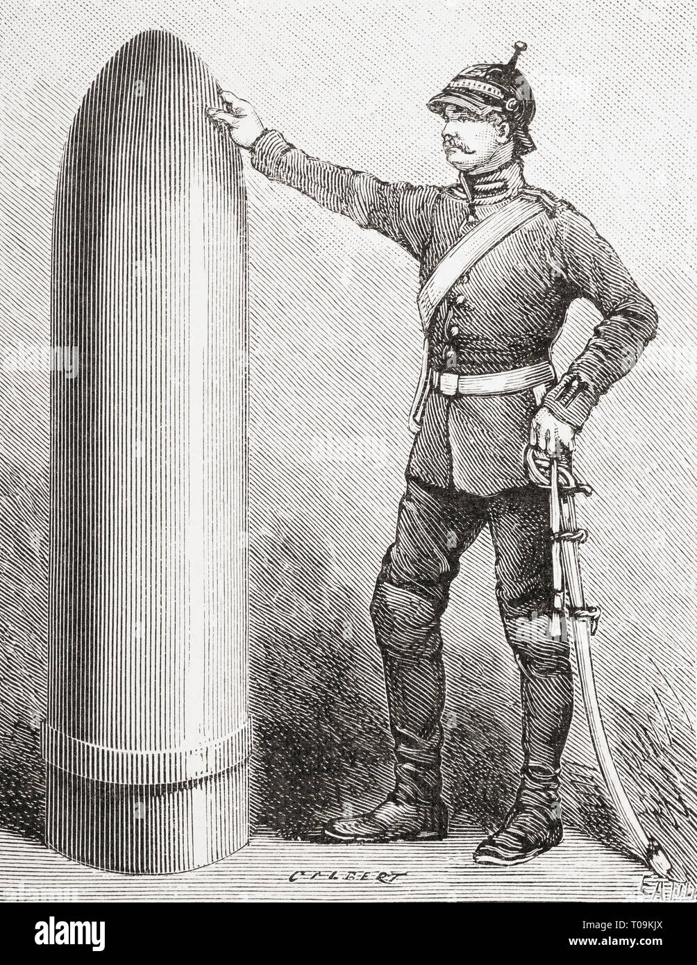 Ein projektil aus ein ein 52 Fuß Krupp Kanone, im Vergleich mit einem Soldaten gezeigt. Von Ilustracion Artistica, veröffentlicht 1887. Stockfoto