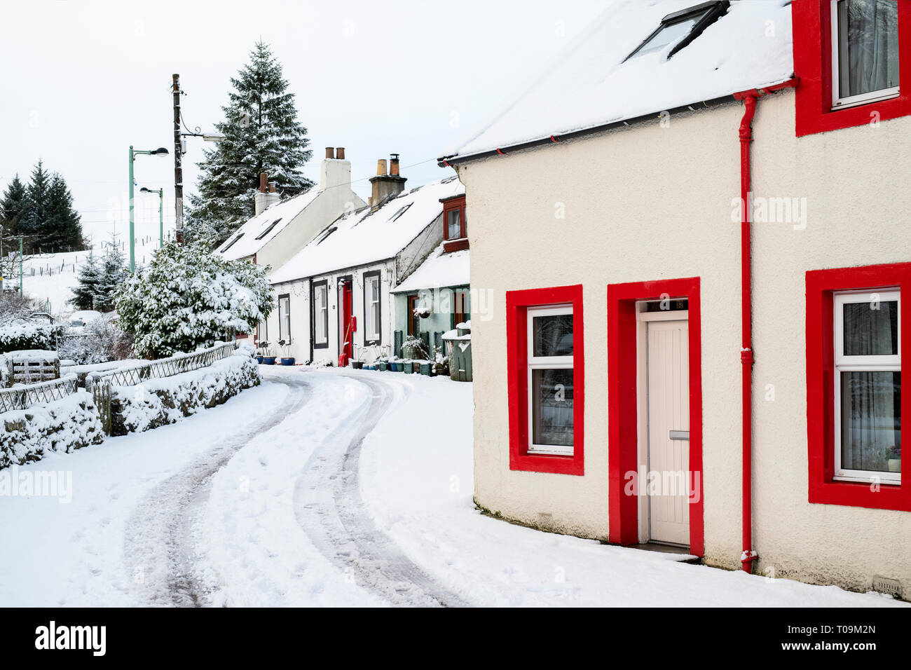 Leadhills Dorf am frühen Morgen Schnee. Scotlands zweite höchste Dorf. South Lanarkshire, Schottland Stockfoto